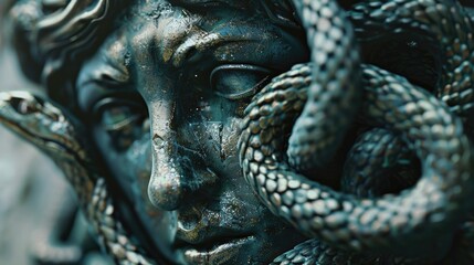 Aufkleber - A close-up view of a statue with a snake wrapped around its head