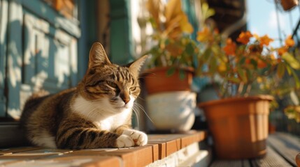 Aufkleber - A domestic cat sits on a wooden bench beside a potted plant, in a calm and serene environment