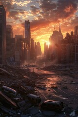 Aufkleber - A city devastated by war or natural disaster, with debris and rubble scattered throughout
