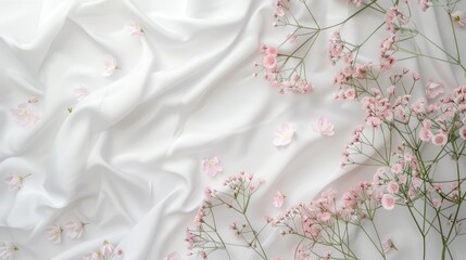 Poster - Delicate pink flowers arranged on a crisp white sheet