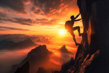 Silhouette of a mountaineer climbing a sheer cliff against the backdrop of a panoramic mountain landscape during sunset