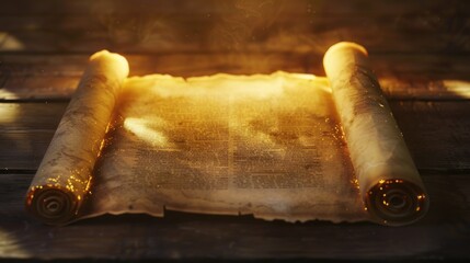 Poster - A rolled up scroll sitting on an old wooden table