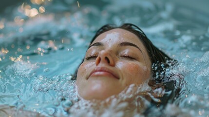Poster - A woman swimming laps in an indoor pool, eyes shut in focus