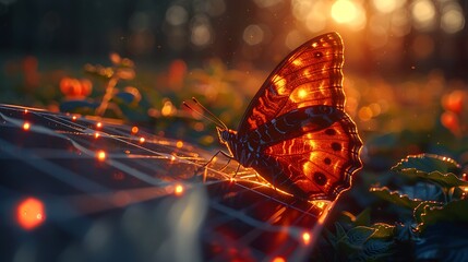 Wall Mural - Solar panels in a close-up view with a butterfly resting on the surface, showcasing the delicate balance between technology and nature, with sunlight creating a soft glow, hd quality, natural look --a