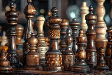 Poster - A close-up of chess pieces arranged on a table