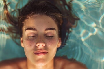 Wall Mural - A woman floats on her back in a pool, eyes closed, relaxing