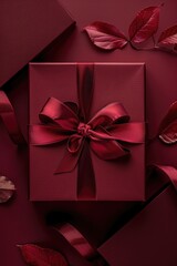 Poster - A small gift box wrapped in red ribbon sits on a solid red background, perfect for holiday or special occasion use
