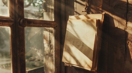 Poster - A vintage book hangs on the wall beside a window, with natural light illuminating its cover
