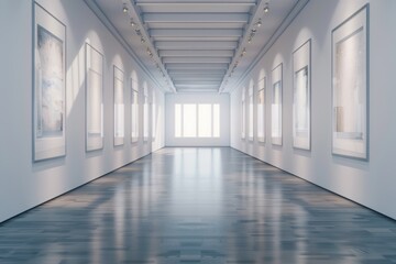 Aufkleber - A long hallway with framed pictures on the walls, perfect for decorating or inspiring creativity