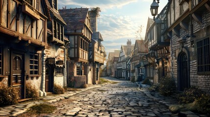 Poster - A classic scene of a cobblestone street flanked by historic buildings, perfect for use in designs related to architecture, history or nostalgia