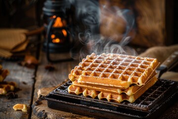 Wall Mural - A plate of waffles resting on a wooden table, perfect for breakfast or brunch