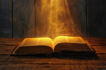 Poster - An open book illuminated by a bright light on a wooden table