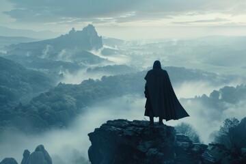 Poster - A person stands at the summit of a mountain, with breathtaking views and rugged terrain