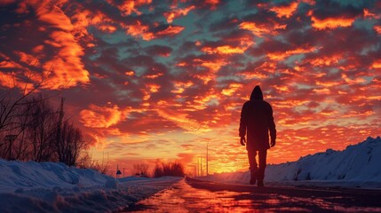 Poster - A person walking on a snowy road during sunset, useful for winter themed projects or travel scenes