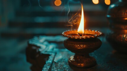 Aufkleber - A single lit candle sits on a wooden table, providing warm lighting