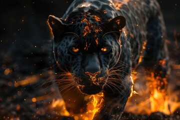 Poster - A leopard walks through a field of flames