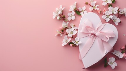 Aufkleber - A white heart-shaped box adorned with a pink bow on a pink background, perfect for gift-giving or special occasions