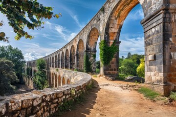 Poster - A stone bridge with arches spanning a river, suitable for landscape, architecture or travel use