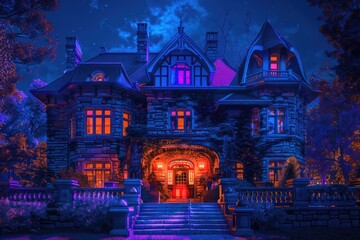 Aufkleber - A single-story house with a bright red door and a purple light at the entrance