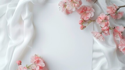 Poster - White sheet with pink flowers arranged on top, simple yet elegant design for various uses