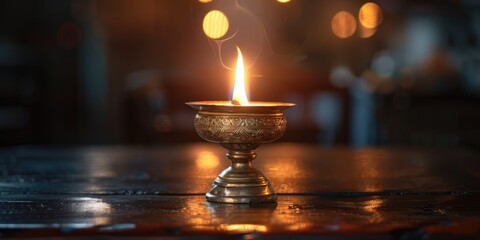 Poster - A lit candle sits atop a wooden table in a warm and cozy setting