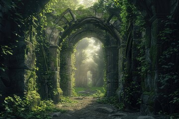 Poster - Lush green forest with an archway in the middle, suitable for landscape or nature photography