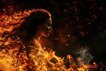 Leinwandbilder - A person with long hair surrounded by intense flames, great for representing danger or chaos