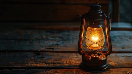 Poster - A single old fashioned lantern is lit up on a wooden table, perfect for adding ambiance to any scene