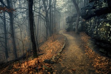 Poster - A narrow path surrounded by dense fog and trees in a mystical atmosphere