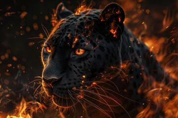 Poster - A close-up shot of a leopard's face engulfed in flames