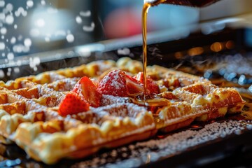 Canvas Print - A sweet treat with golden syrup pouring over the crispy waffle