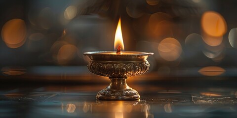 Wall Mural - A single candle sitting on a table with a soft glow