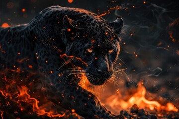 Aufkleber - A leopard walks through a fiery landscape, with flames engulfing the ground