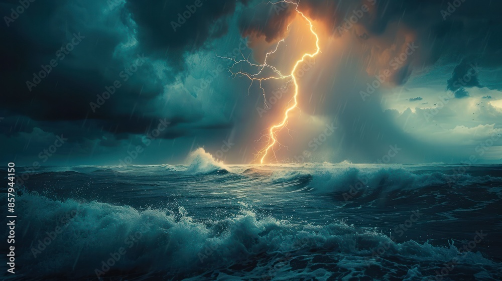 Dramatic ocean storm with powerful lightning striking amidst turbulent ...