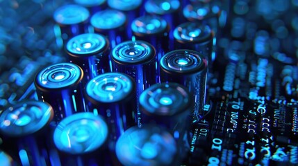 Wall Mural - A pile of batteries sitting on top of a computer motherboard, useful for illustrations about technology and electronics