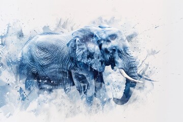Poster - An elephant wades through calm waters, its long tusks visible