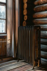 Aufkleber - A radiator sitting in front of a window, suitable for use in interior design or architecture settings
