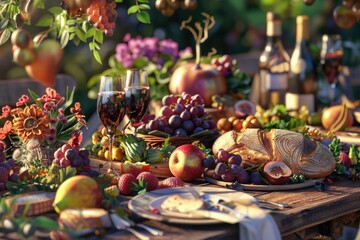 Poster - A wooden table set with plates of food and glasses of wine, perfect for a dinner party or special occasion