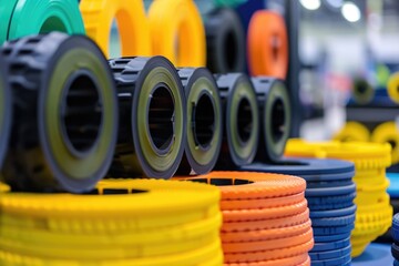 Poster - A conveyor belt carrying various auto tire types