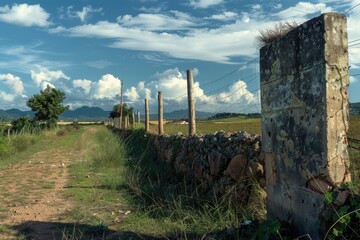 Poster - A stone wall with a barbed wire fence in the foreground