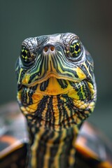 Poster - A close-up shot of a turtle's face with a blurred background, suitable for use in educational or conservation contexts