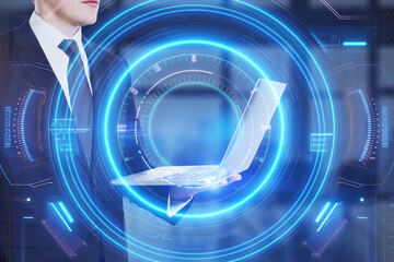 Poster - A businessman with futuristic blue digital overlays around him on a dark background, symbolizing technology and growth. Generative AI