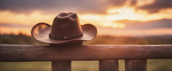 Wall Mural - A cowboy hat hanging on an old wooden fence, copy space for text, sunset view
