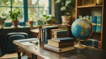 Wall Mural - The Teacher's Desk: A tidy workspace with stacks of books, a globe, and a chalkboard eraser, symbolizing a dedicated educator in a classroom setting.