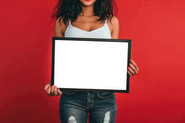 Wall Mural - beautiful woman in jeans holding picture frame isolated on white or transparent png red background 