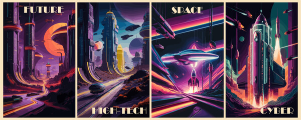 Wall Mural - Futuristic retro Posters, backgrounds, covers vector set. Space, technology, universe concept. Cyberpunk style illustrations with spaceships, alien planets, high-tech cityscape.