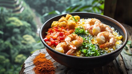 Wall Mural - A bowl of Indonesian nasi goreng with fried rice, shrimp, and vegetables, served on a banana leaf, placed on a wooden table with a view of Balis rice terraces