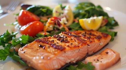 Sticker - Salmon, salad, and steamed fish for healthy diets like Paleo, keto, and Mediterranean. Asian dish with teriyaki cooked in the oven, gluten-free, and lectin-free