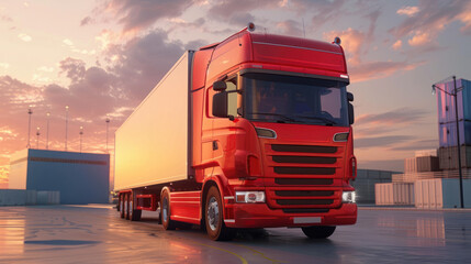 Wall Mural - Truck on the road at sunset. Freight vehicle in the business of logistic transportation. Industrial cargo delivery on the under the sky.