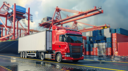 Wall Mural - Truck road with container terminal. Global shipping industry technology transportation business. Logistic cargo delivery driving export, import trade. Harbor freight transport, maritime unloading.